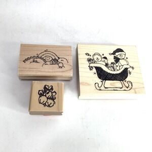 3 New D.O.T.S. Rubber Stamp Wood Sleigh Bears X Mas Bells‎ Country Meadow Gift